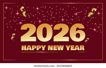 Happy new year 2026, gold numbers with golden Christmas decoration, symbol of the year Horse, glare and confetti on dark, red, blue background. Holiday card, banner design