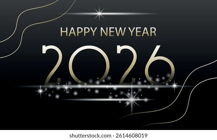 Happy new year 2026, gold numbers with golden Christmas decoration, symbol of the year Horse, glare and confetti on dark, red, blue background. Holiday card, banner design