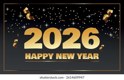 Happy new year 2026, gold numbers with golden Christmas decoration, symbol of the year Horse, glare and confetti on dark, red, blue background. Holiday card, banner design