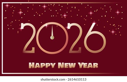 Happy new year 2026, gold numbers with golden Christmas decoration, symbol of the year Horse, glare and confetti on dark, red, blue background. Holiday card, banner design