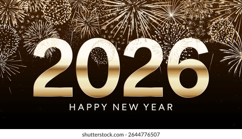 Happy New Year 2026, gold fireworks card background