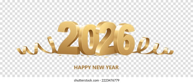 Happy New Year 2026. Golden 3D numbers with ribbons and confetti, isolated on transparent background.