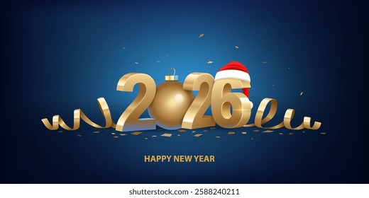 Happy New Year 2026. Golden 3D numbers with Santa hat, golden Christmas ball and confetti on a blue background.