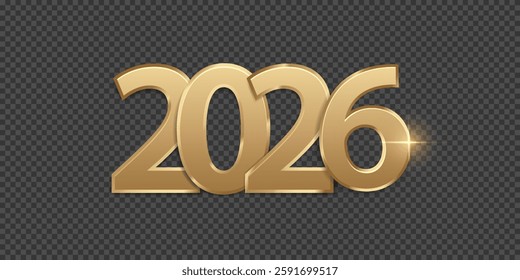 Happy New Year 2026. Golden numbers, isolated on transparent background.

