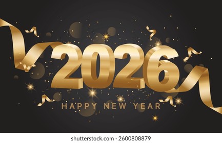 Happy New Year 2026. Golden 3D numbers with ribbons and confetti , isolated on transparent background.