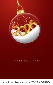 Happy New Year 2026. Golden volumetric numbers lie on the snow inside a transparent Christmas tree ball on a red background. Golden elegant text. Elegant minimalist design