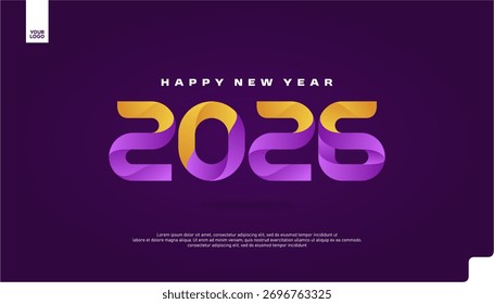 Feliz año Nuevo 2026 Anuncio de tipografía de gradiente con vibrantes Colores púrpura y naranja Vector