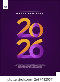 Feliz año Nuevo 2026 gradiente colorido póster con vibrante Vector de diseño de tipografía púrpura y naranja