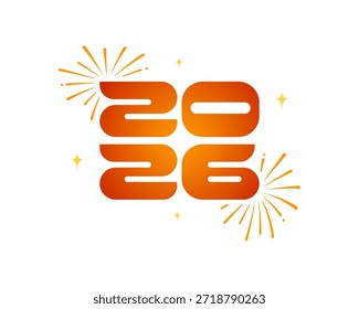 Texto de gradiente del año Nuevo feliz 2026, con efecto de salpicadura de fuegos artificiales, concepto de tipografía minimalista. Plantilla para el Anuncio, tarjeta de felicitación, cartel.