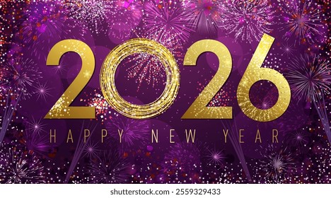 Happy New Year 2026 greeting card design with holiday backdrop and golden typography 20 26 Shiny graphic elements. Abstract festive background. Isolated fireworks. Cute postcard. Christmas eve concept