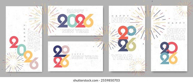 Happy New Year 2026 greeting card with fireworks and colored numbers on texture background