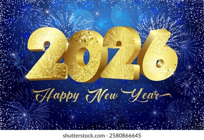 Happy New Year 2026 greeting card design. Shiny frame, Xmas snowy blue background, 3 D golden graphic typography, realistic fireworks. Set of holiday elements. Isolated 3D gold numbers 2 0 and 6.