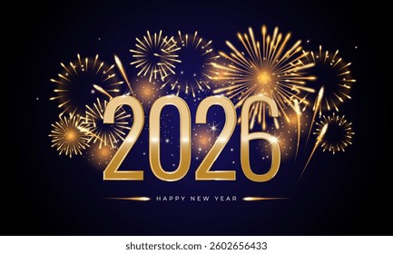 Happy New Year 2026 greeting banner with gold number and golden fireworks on night background. Design template for poster, cover, greeting card, web, social media