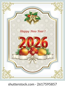 Happy New Year 2026. Greeting card with Christmas tree balls in figured frame with pattern. Holiday background is decorated with fir branches, snowflakes, ribbon and bells. Vector illustration