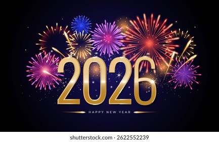 Happy New Year 2026 greeting banner with gold number and colorful fireworks on night background. Design template for poster, cover, greeting card, web