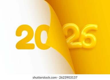 Happy New Year 2026 greeting card template design. Concept of the beginning of the New Year, the calendar page turned and the New Year begins.