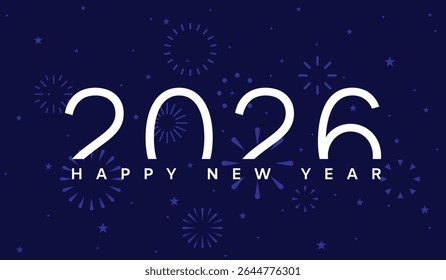 Happy New Year 2026 greeting card, blue fireworks background