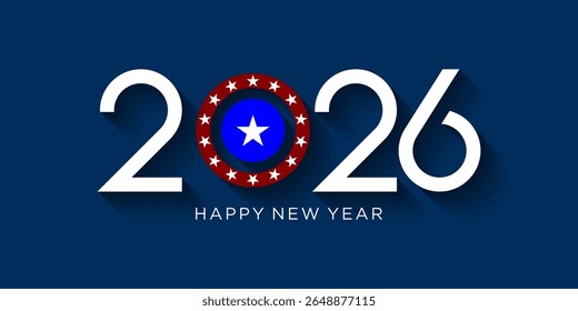 Happy New Year 2026 greeting design with colorful number 0 stars on black background