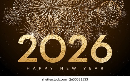 Happy New Year 2026 greeting card, gold fireworks poster