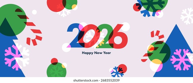 Happy New Year 2026 greeting banner. Trendy modern Xmas design with 2026 typography, overlay elements, candy cane, snowflake, Christmas tree. Horizontal poster, greeting card, header for website
