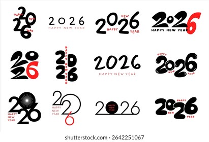 Feliz Ano Novo 2026 saudações inscrições lettering grande conjunto, desenhado à mão e composições tipográficas digitais. Negrito blobby playful bonito marcador uneven números arredondados letras. Fontes modernas.