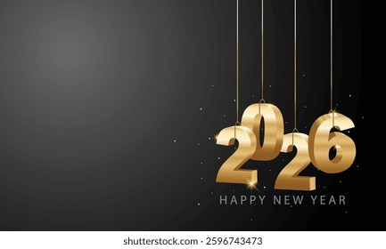 Happy New Year 2026. Hanging golden 3D numbers with ribbons and confetti. Holiday greeting card design. Vector illustration.