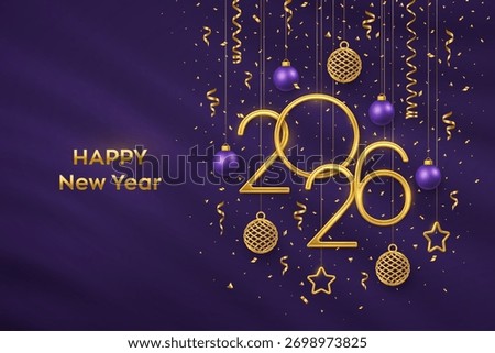 Happy New Year 2026. Hanging Golden metallic numbers 2026 with shining 3D metallic stars, balls and confetti on purple background. New Year greeting card, banner template. Vector illustration.