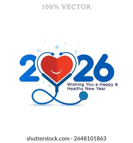 Happy New Year 2026. Healthy wishes and welcome concept design with heart and stethoscope.