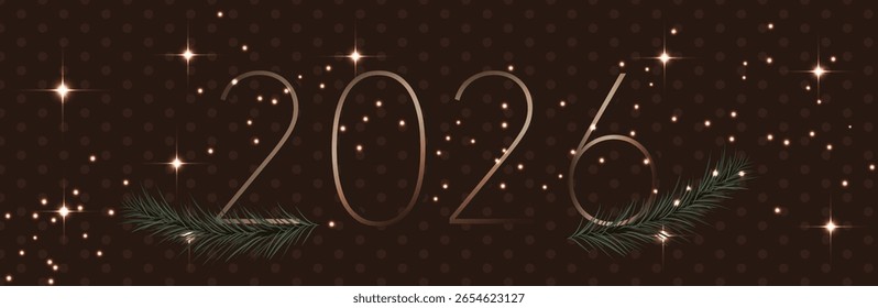 Happy new year 2026. Holiday greeting luxury card design. 3D Shiny gold realistic numbers isolated on dark brown background. 