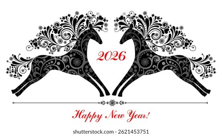 Happy new year 2026! Year of horse. Art design celebrate party invitation template. Decorate numbers 2026.  Happy New Year greeting card. Vector Illustration 