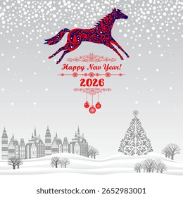 Happy new year 2026! Year of horse. Celebration background with Christmas Landscape,  Christmas tree, town and place for your text. Winter season vacation concept. Vector Illustration 