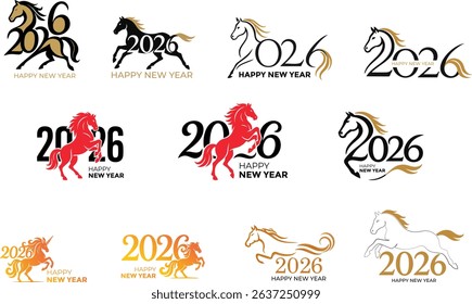 Happy New Year 2026 — Year of the Horse.A collection of New Year 2026 designs featuring creative stylized horse illustrations. These vector templates showcase modern, traditional, and minimalist style