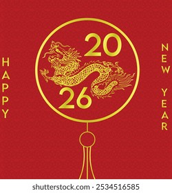 Happy New Year 2026 illustration with a stylish golden dragon showcasing traditional chinese element in red and golden with some pattern in background concept design.
