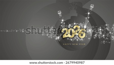 Happy New Year 2026 light stars sparkle fireworks golden 2026 year black Christmas ball landscape greeting card