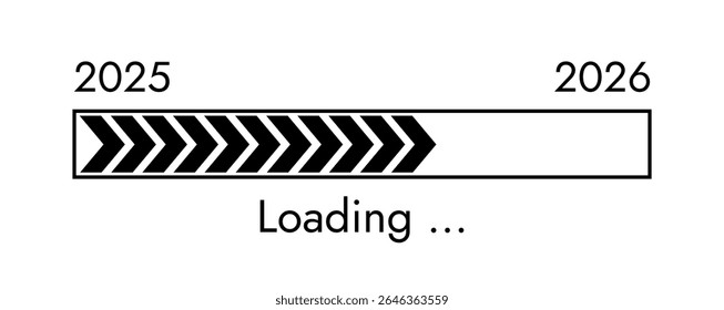 Happy New Year 2026 is loading. Coming new year 2026. Loading bar concept. Progress bar graphic showing loading from 2025 to 2026. Vector design
