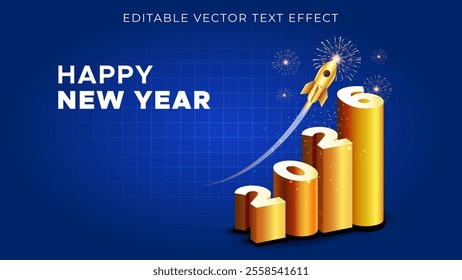 Happy New Year 2026 logo with rocket arrow on graph. Fast growth and business success celebration and fireworks on dark blue background.