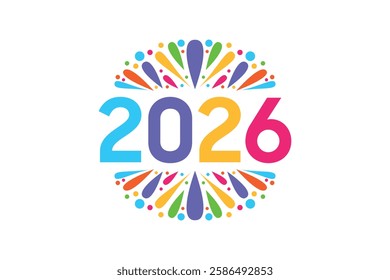 Happy New Year 2026 Logo Design And Fireworks With Text Space On A White Background