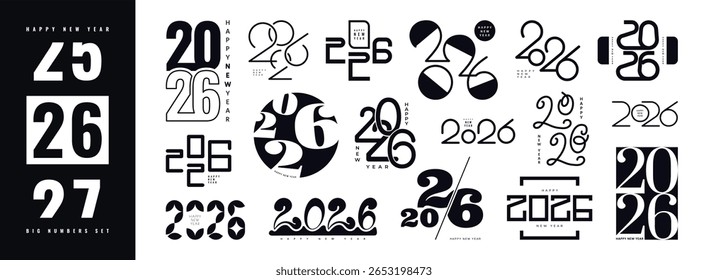 Happy New Year 2026 logo design big set. Black trendy numbers design. Greeting card, banner, poster, cover template. Creative figure with typography. Modern holiday decoration. Flat style. Vector