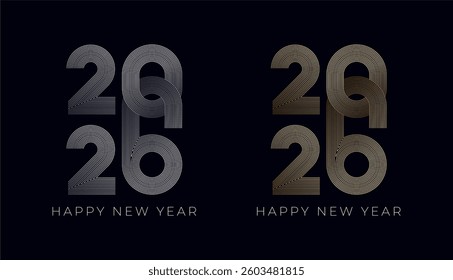 Happy New Year 2026 minimal geometric stripes line in gold and silver, celebration, greeting card, invitation, calendar concept. Design template post new year 2026.
