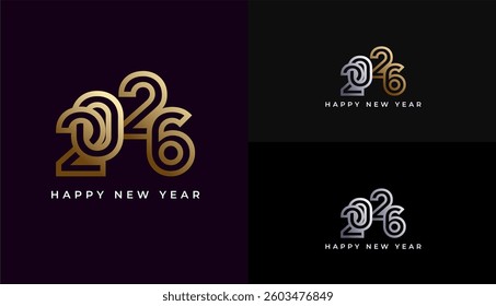 Happy New Year 2026 minimalist geometric shapes in gold. celebration, greeting card, invitation, calendar concept. Design template post new year 2026.