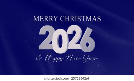 Happy New Year 2026. New modern 3d vector design. White silver 2026 with on dark blue textile background. Template for New Year banners, flyers, greeting cards