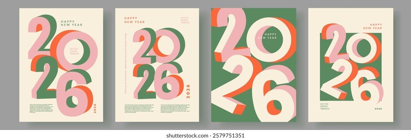 Happy New Year 2026 modern trendy poster set with numbers. Creative concept of banner, cover for calendar. Design template with typography