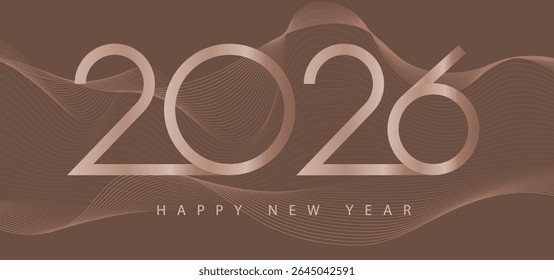 Happy New Year 2026 modern text vector luxury design gold color line on brown background. Happy new year banner. 3d Hand drawn, handwritten numbers.