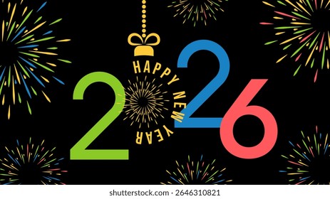 Feliz Ano Novo 2026 design vetorial de texto moderno. Data de 2026 no padrão de fundo de fogos de artifício. Cartão de ano novo de design plano. Ilustração vetorial