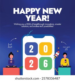 Happy New Year 2026. 2026 New year poster in dark colour with big smartphone, a boy and girl using mobile. Greetings concept for mobile applications. 2026 colourful numbers. Vector illustration.