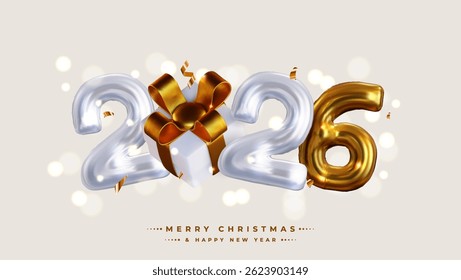 Happy New Year 2026, Realistic 3D image rendering, equipped with gift boxes, shiny gold and silver colored numbers. This is the perfect celebratory sign for your 2026 celebration.