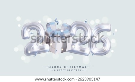 Happy New Year 2026, Realistic 3D rendering of the figures, complemented by silver gift box ribbons and Christmas decorations. This is the perfect celebratory sign for your 2026 celebrations.