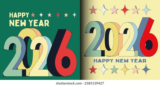 Happy New Year 2026 Retro pop art style greeting banner, web, background, card, poster, template Layout set. Vintage 3d number	