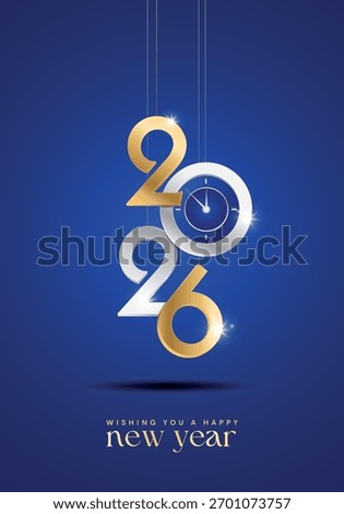 Happy New Year 2026 Shiny background with clock and confetti vector Happy New Year 2026 text design. New year 2026 vector design with realistic gold 3D numbers hanging.