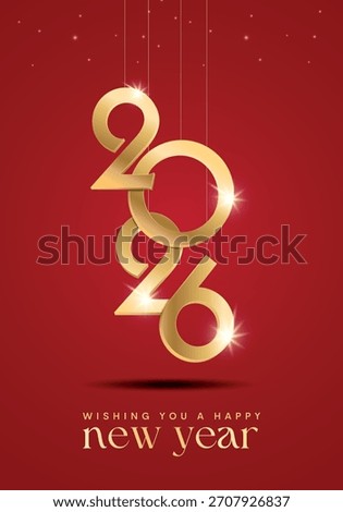 Happy New Year 2026 Shiny background with confetti vector Happy New Year 2026 text design. New year 2026 vector design with realistic gold 3D numbers hanging.